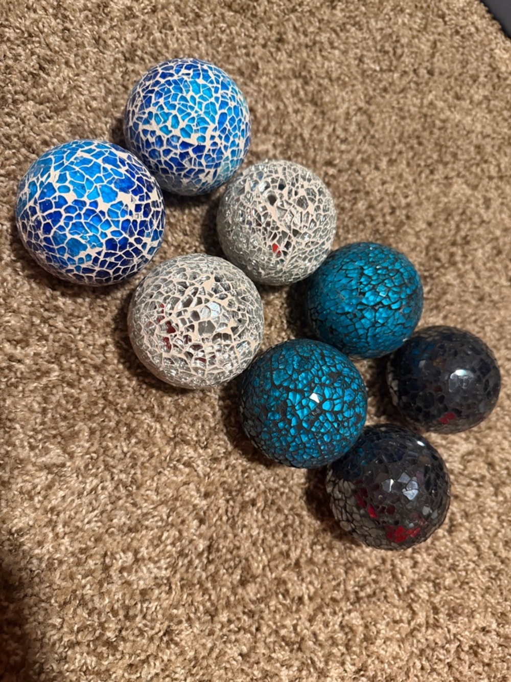 Set of 8 mosaic decorative balls in blues, silver & black